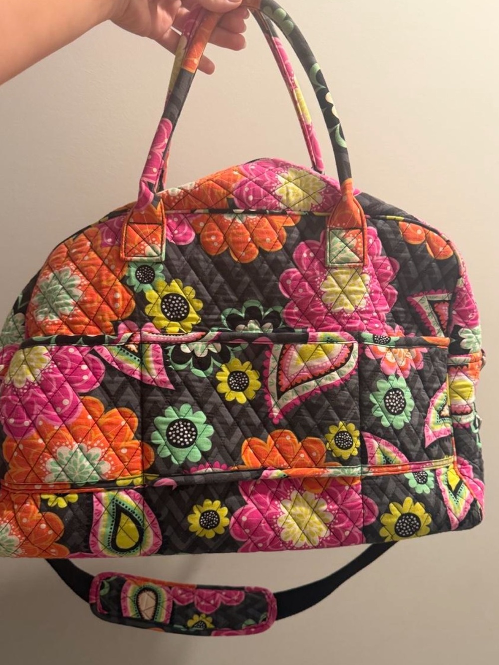 Vera Bradley Black Quilted Floral Travel Bag with Pink & Orange Accents